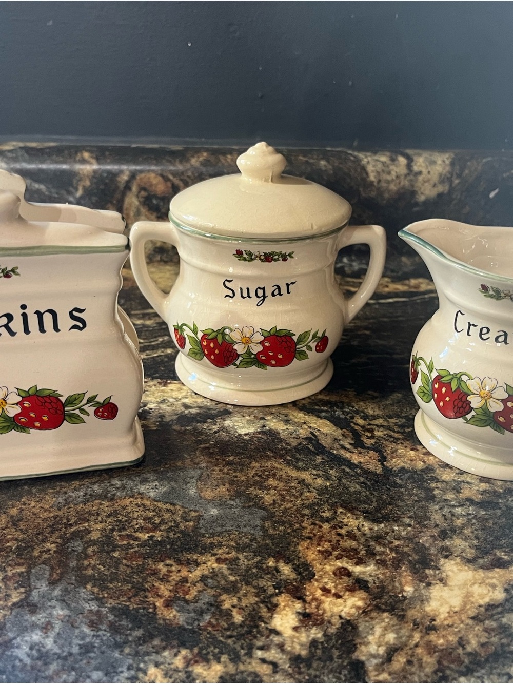 Cream and Red Strawberry Ceramic 3 Piece Set - Brand Unmarked